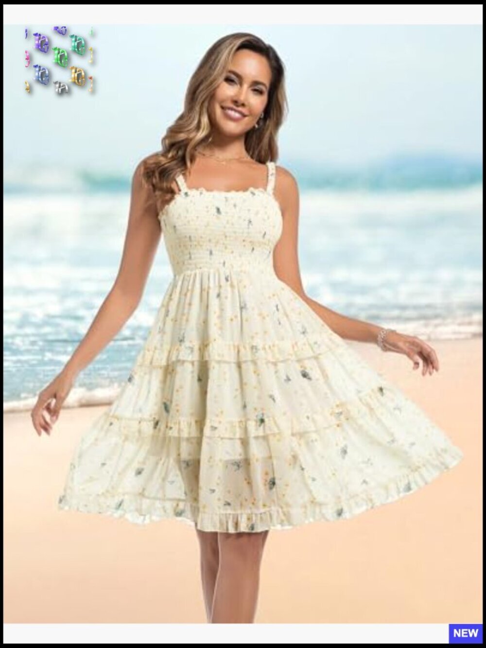 Summer Floral Square Neck Swing Dress A-Line Beach Elegant Chic - Picture 2 of 7